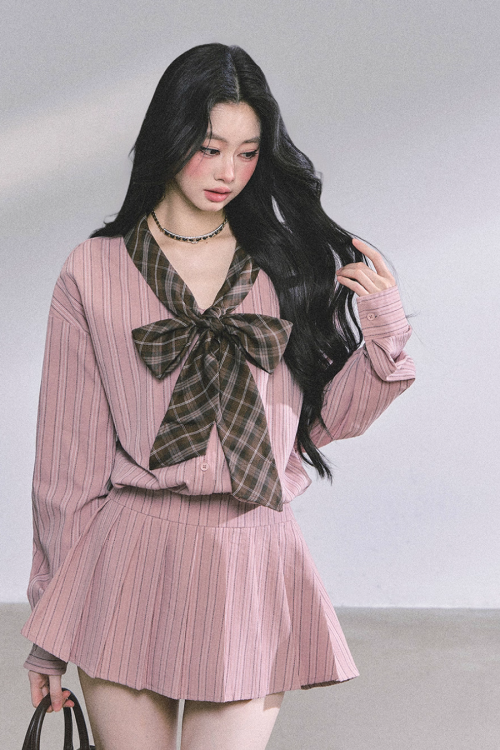 French Stripe Long-Sleeve Shirt Dress