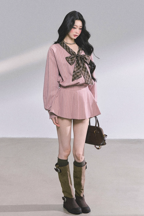 French Stripe Long-Sleeve Shirt Dress