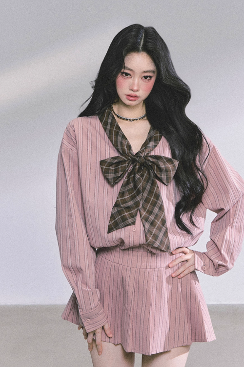 French Stripe Long-Sleeve Shirt Dress