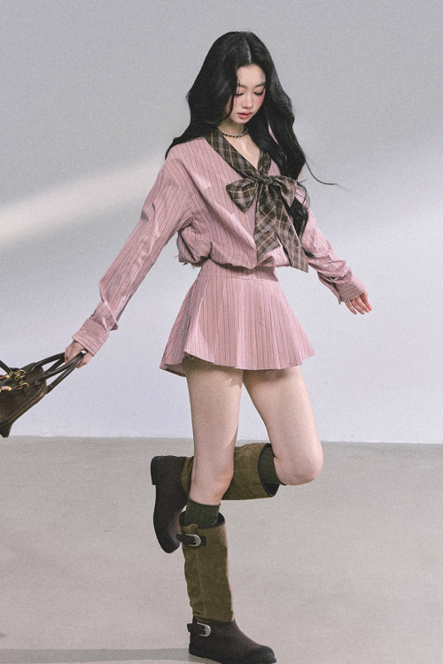 French Stripe Long-Sleeve Shirt Dress