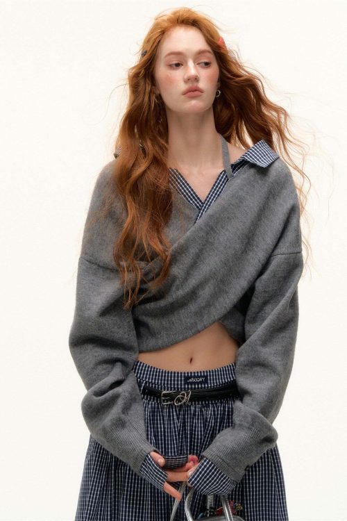 Front Wrap Knit Top / Gingham Check Skirt