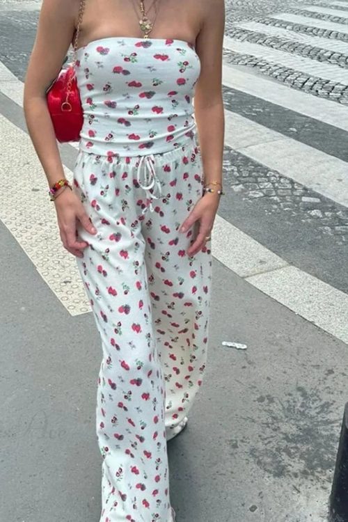Fruit Print Strapless Tube Top Backless Crop Top Pants Two Pieces Set