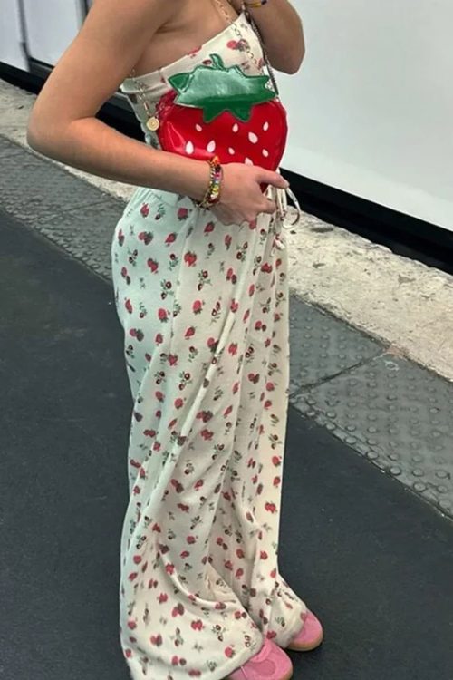 Fruit Print Strapless Tube Top Backless Crop Top Pants Two Pieces Set