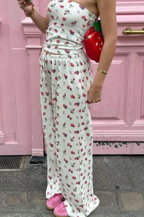 Fruit Print Strapless Tube Top Backless Crop Top Pants Two Pieces Set