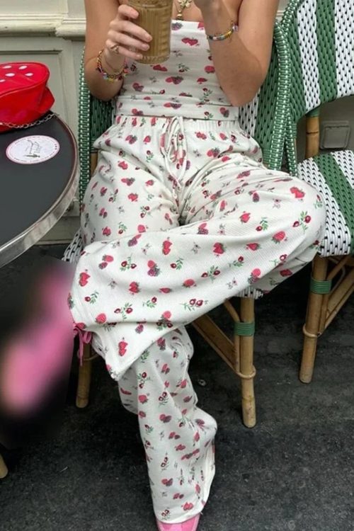 Fruit Print Strapless Tube Top Backless Crop Top Pants Two Pieces Set