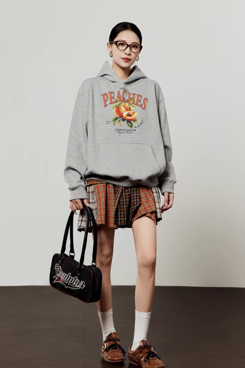 Fruit Print Sweat Hoodie / Docking Mini Skirt