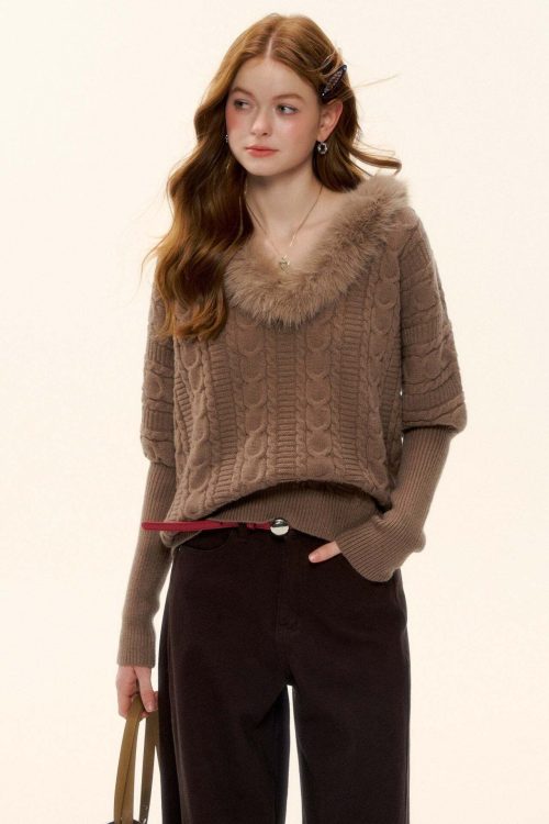 Fur Collar Cable Knit Top