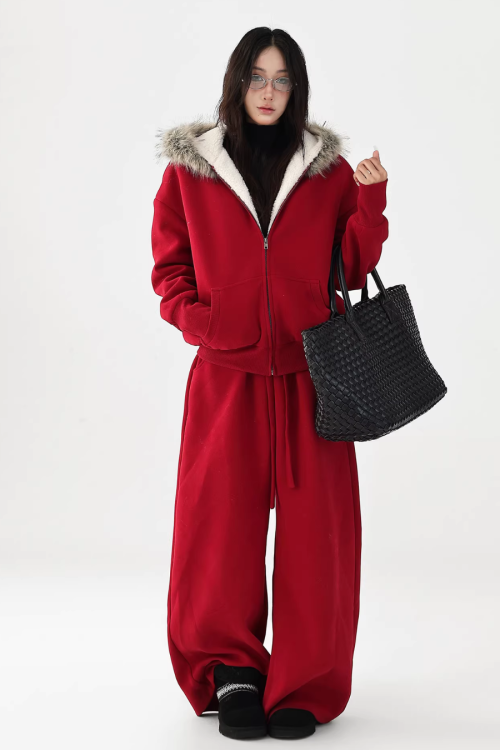 Fur Collar Fleece Hoodie / Casual Pants