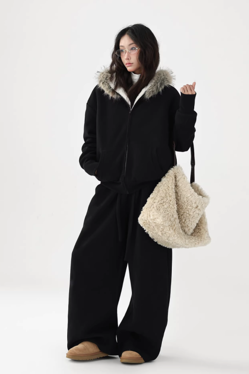 Fur Collar Fleece Hoodie / Casual Pants
