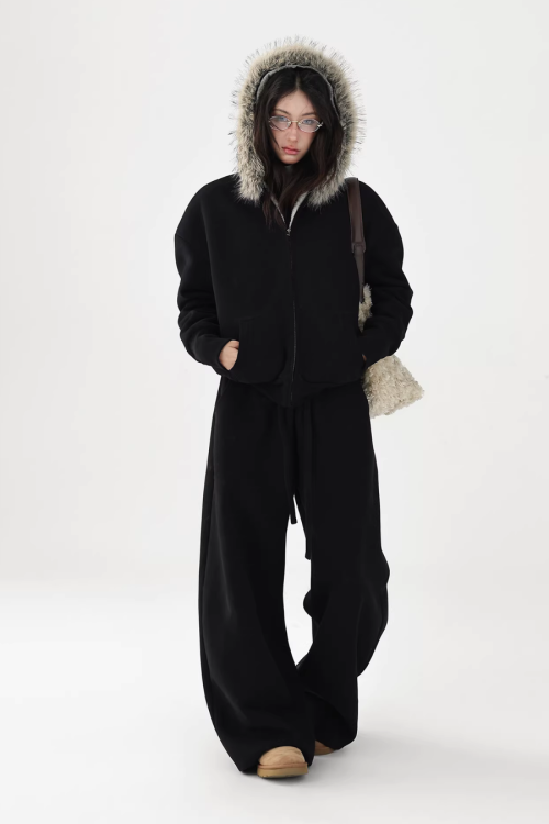 Fur Collar Fleece Hoodie / Casual Pants