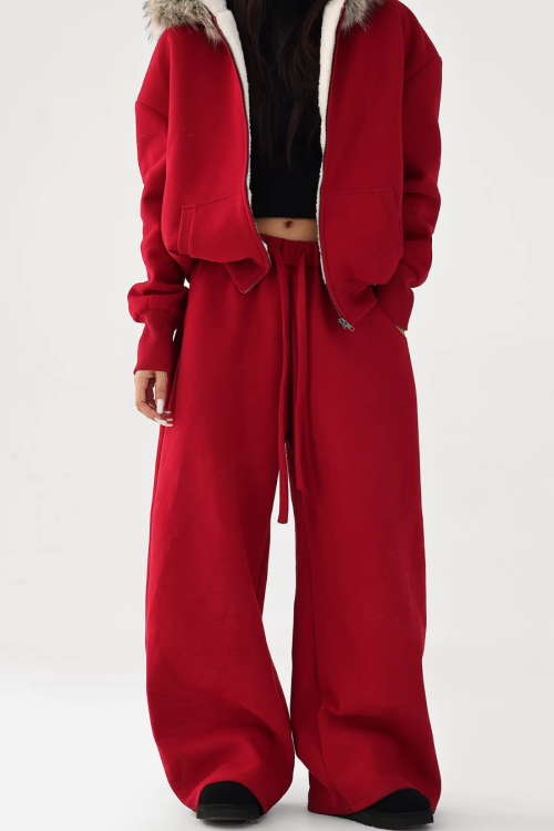 Fur Collar Fleece Hoodie / Casual Pants