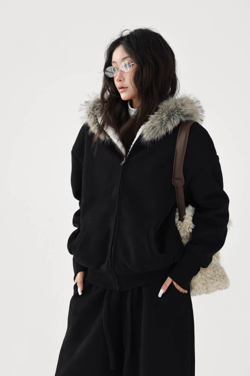 Fur Collar Fleece Hoodie / Casual Pants