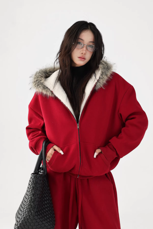 Fur Collar Fleece Hoodie / Casual Pants