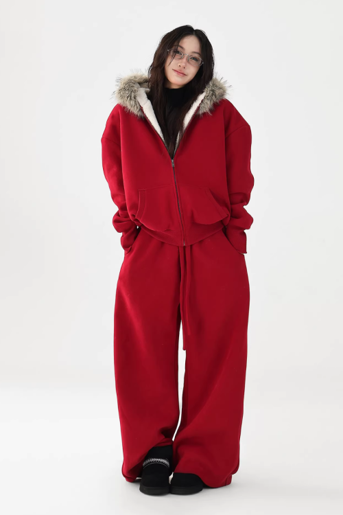 Fur Collar Fleece Hoodie / Casual Pants