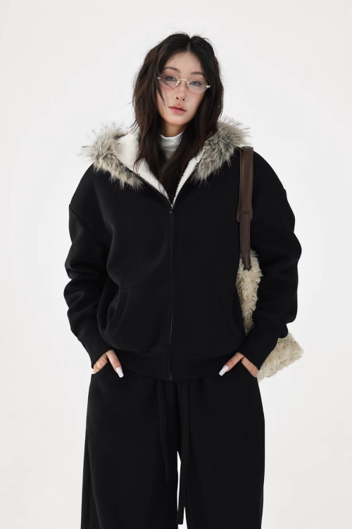 Fur Collar Fleece Hoodie / Casual Pants