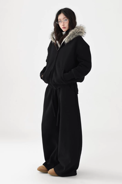 Fur Collar Fleece Hoodie / Casual Pants
