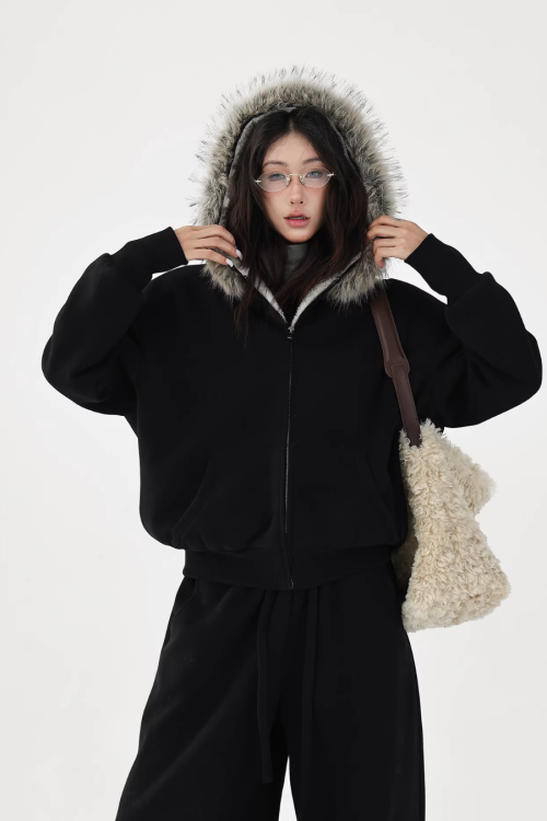 Fur Collar Fleece Hoodie / Casual Pants
