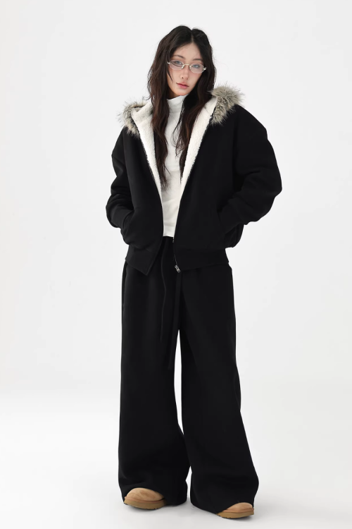 Fur Collar Fleece Hoodie / Casual Pants