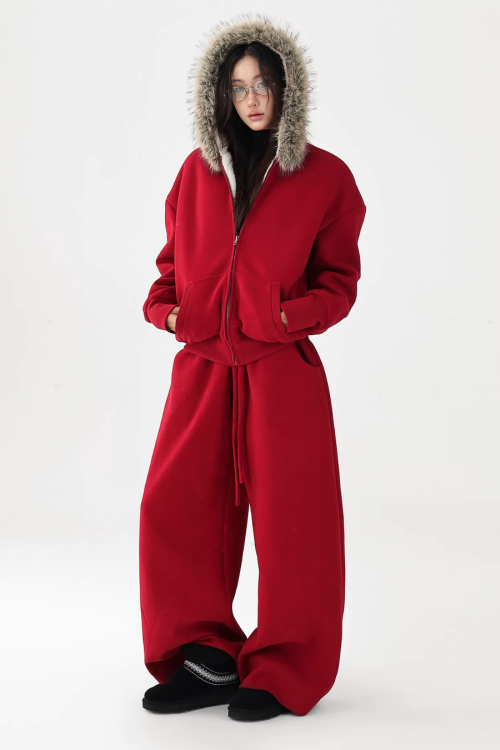 Fur Collar Fleece Hoodie / Casual Pants