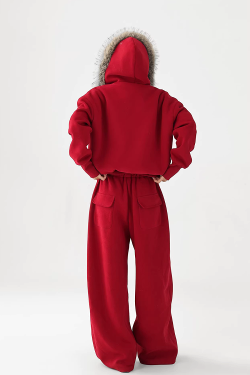 Fur Collar Fleece Hoodie / Casual Pants