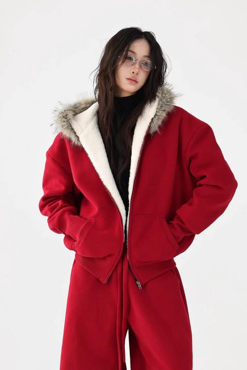 Fur Collar Fleece Hoodie / Casual Pants