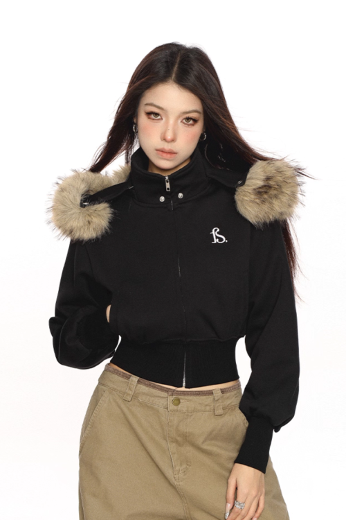 Fur Cropped Zip Up Hoodie