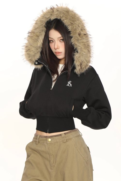 Fur Cropped Zip Up Hoodie
