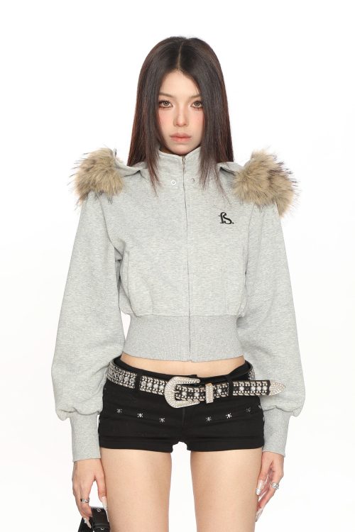 Fur Cropped Zip Up Hoodie
