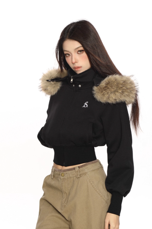 Fur Cropped Zip Up Hoodie
