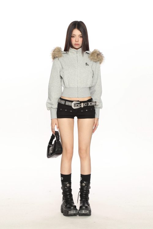 Fur Cropped Zip Up Hoodie