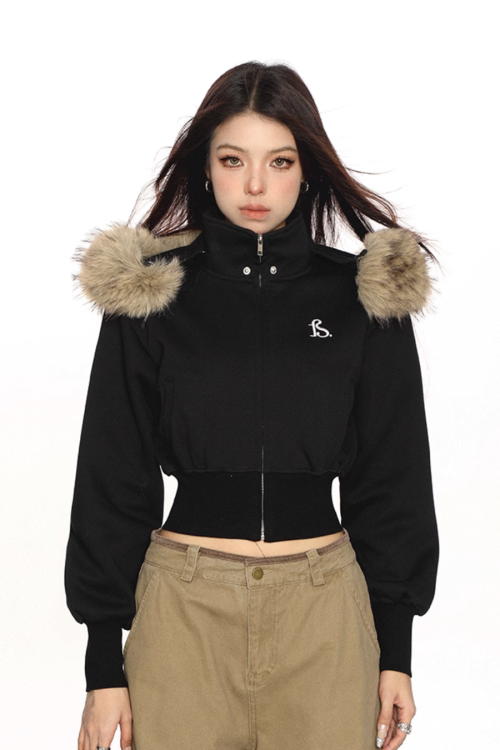 Fur Cropped Zip Up Hoodie