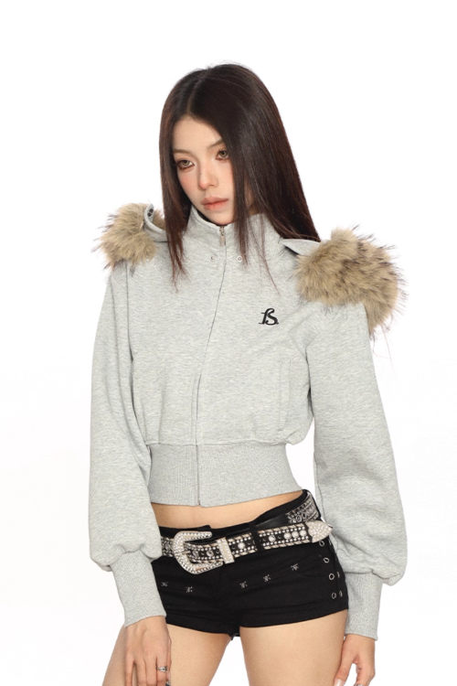 Fur Cropped Zip Up Hoodie