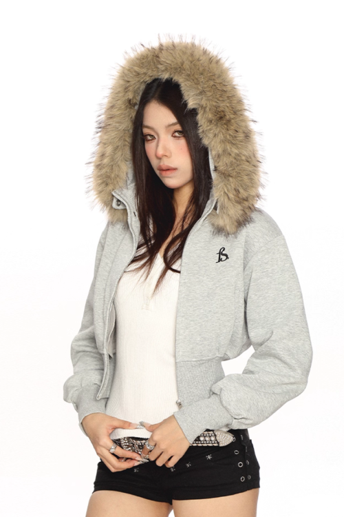 Fur Cropped Zip Up Hoodie