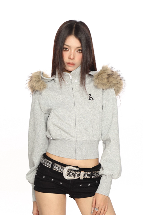 Fur Cropped Zip Up Hoodie