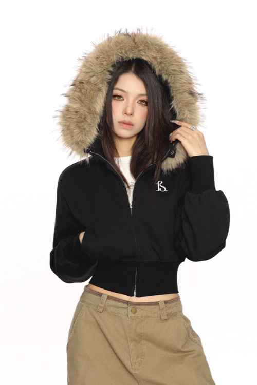 Fur Cropped Zip Up Hoodie
