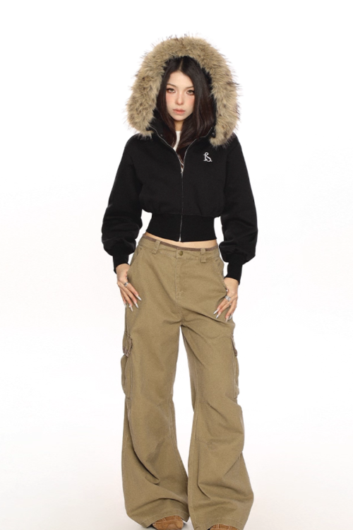Fur Cropped Zip Up Hoodie