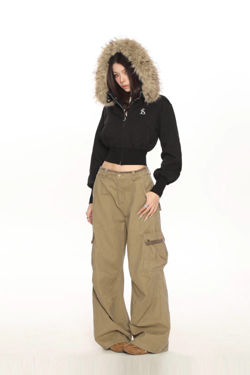 Fur Cropped Zip Up Hoodie