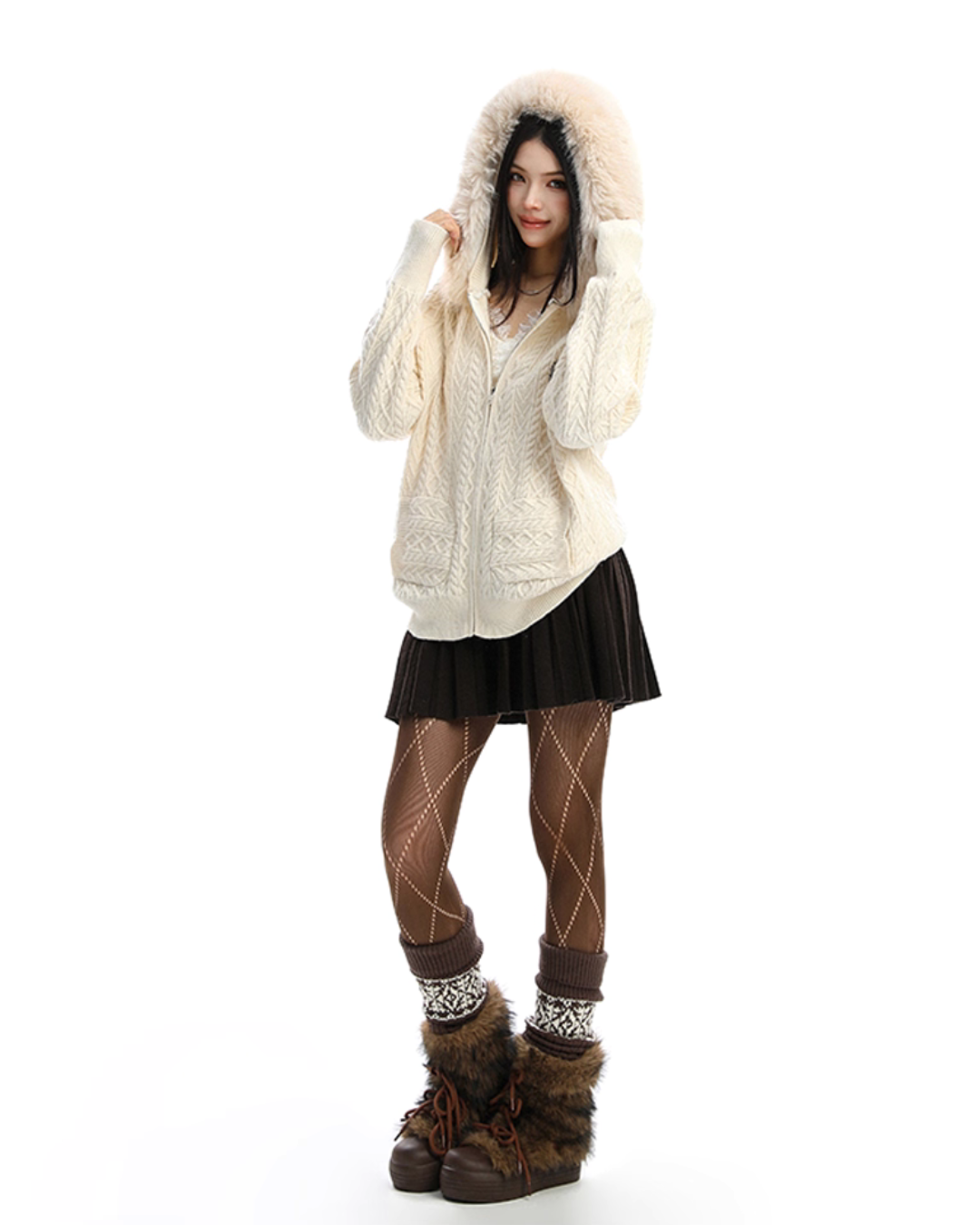 Fur Hood Cable Knit Top Fur Hood Cable Knit Top