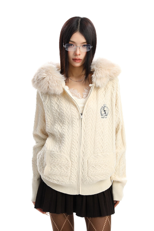 Fur Hood Cable Knit Top
