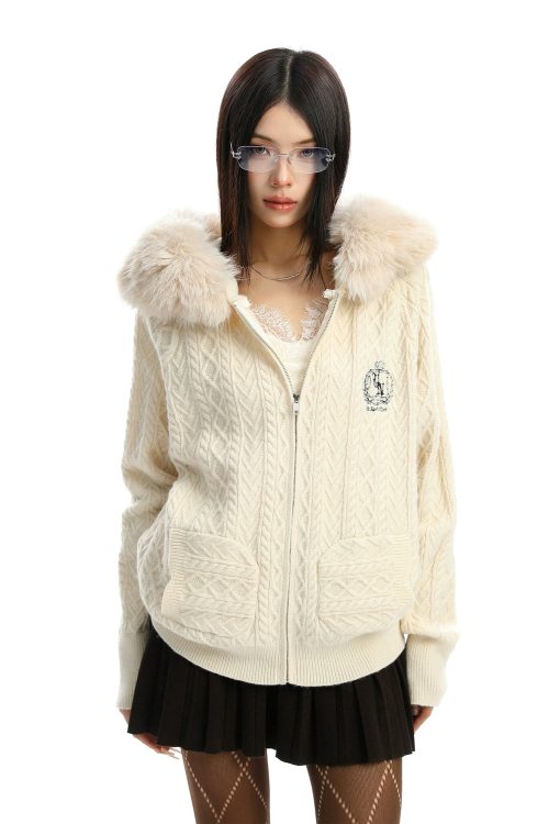 Fur Hood Cable Knit Top