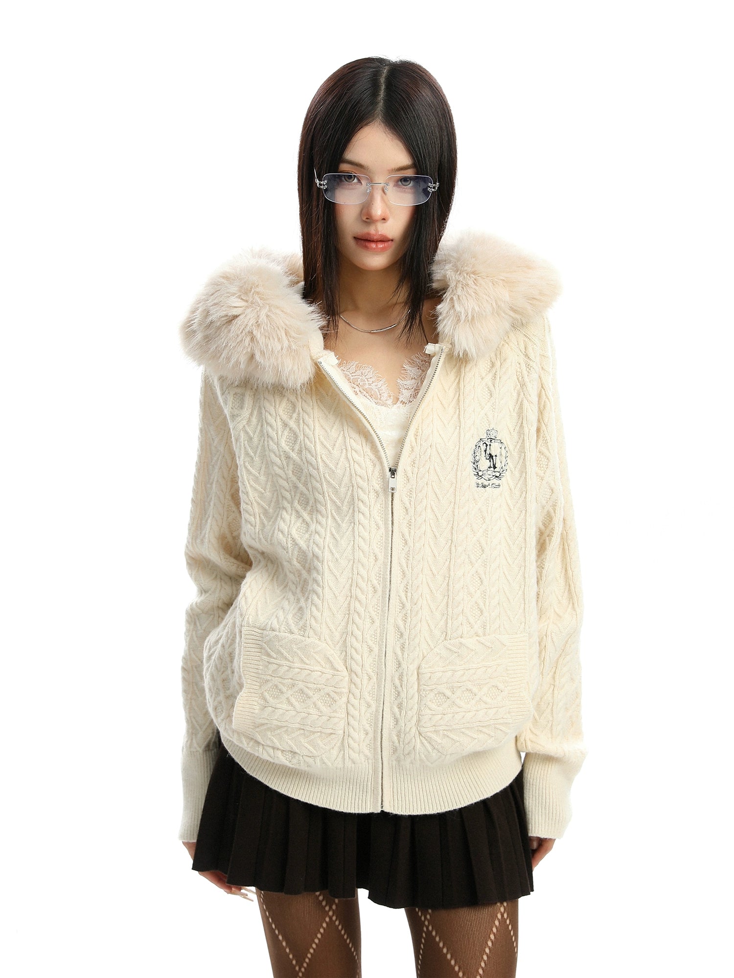 Fur Hood Cable Knit Top Fur Hood Cable Knit Top