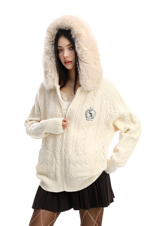 Fur Hood Cable Knit Top