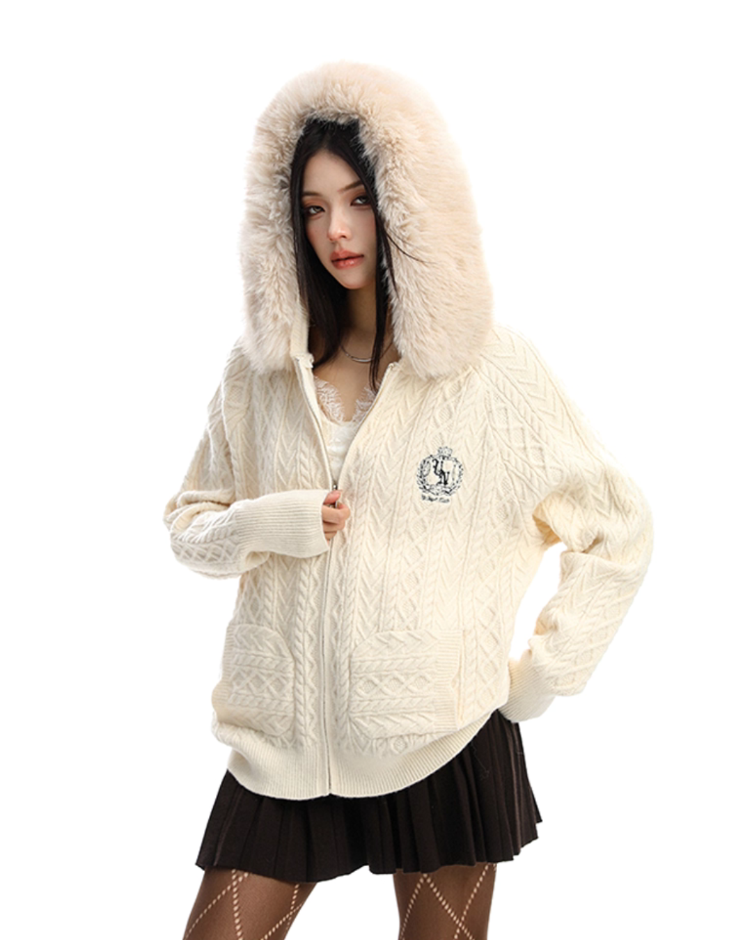 Fur Hood Cable Knit Top Fur Hood Cable Knit Top