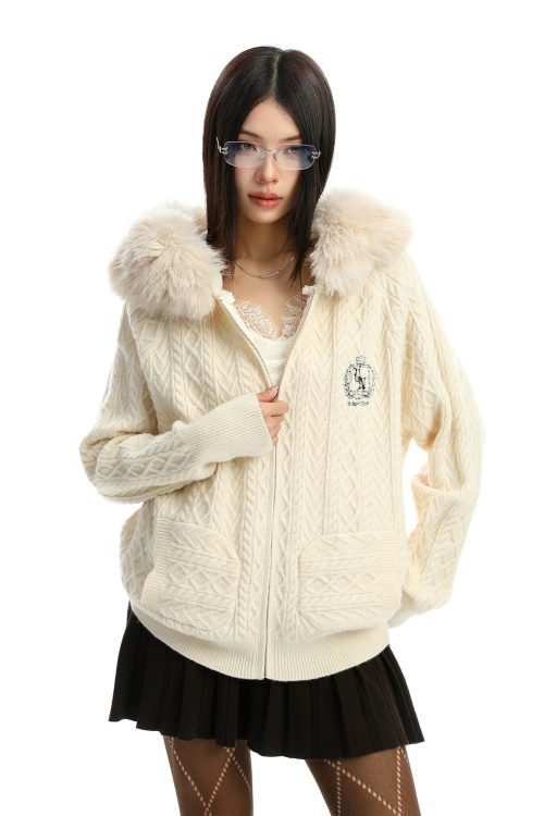 Fur Hood Cable Knit Top
