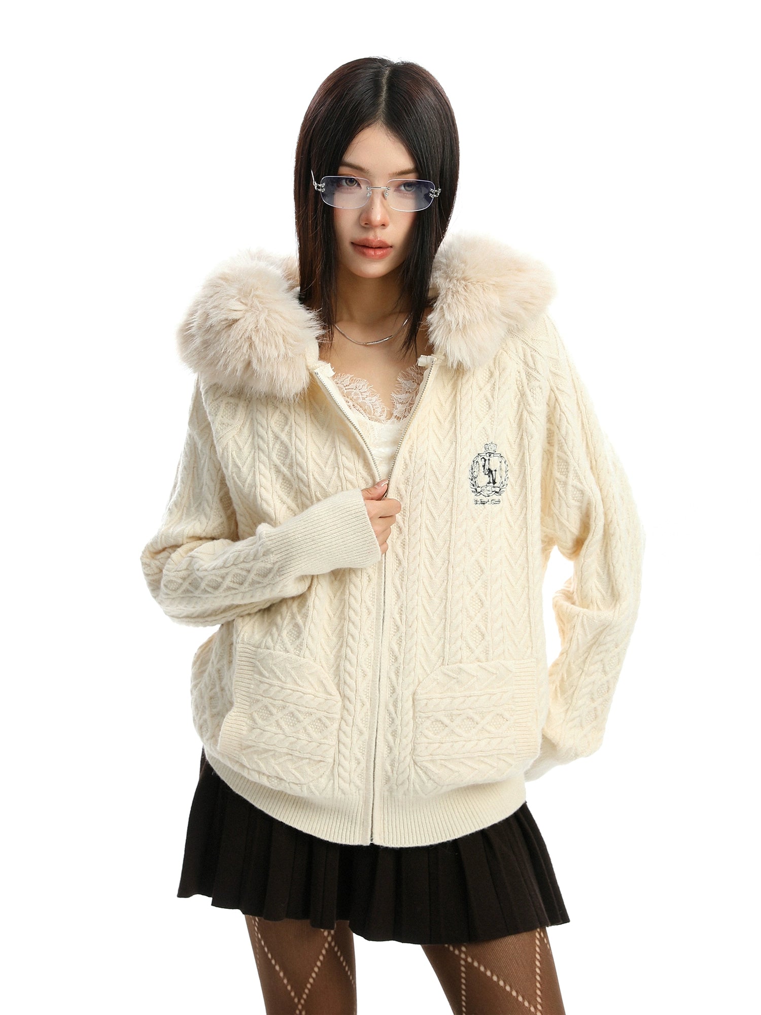 Fur Hood Cable Knit Top Fur Hood Cable Knit Top