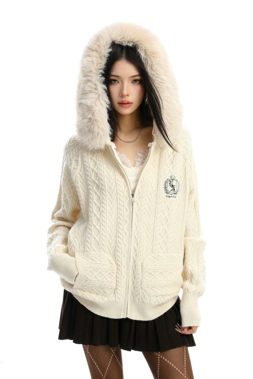 Fur Hood Cable Knit Top