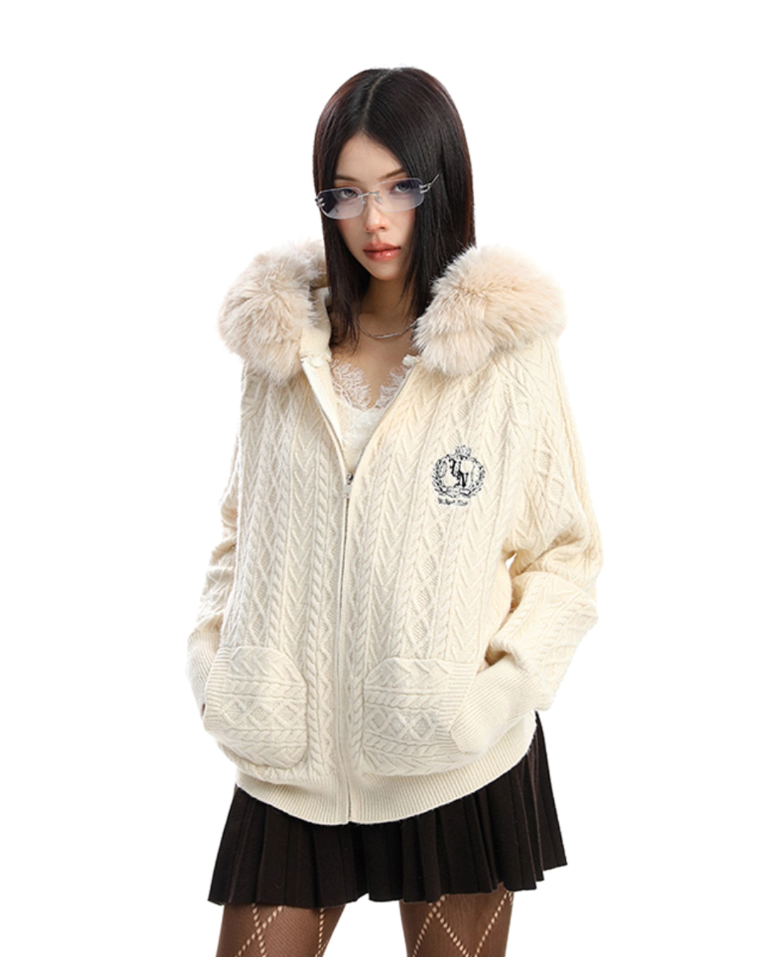 Fur Hood Cable Knit Top Fur Hood Cable Knit Top