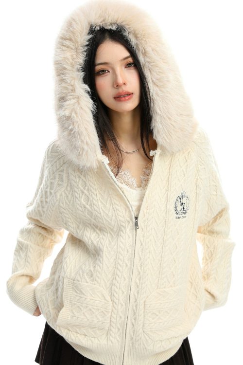Fur Hood Cable Knit Top