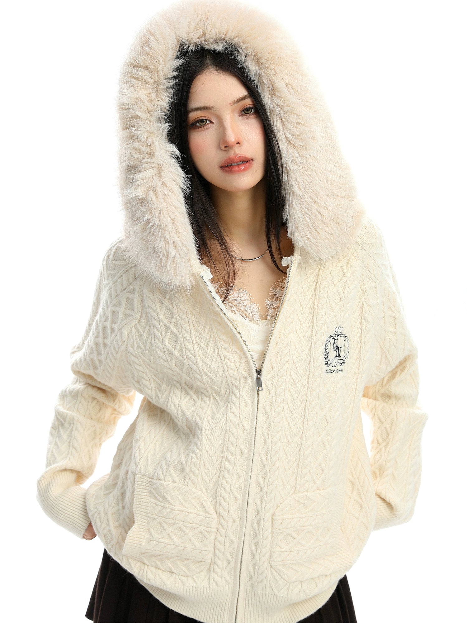 Fur Hood Cable Knit Top Fur Hood Cable Knit Top