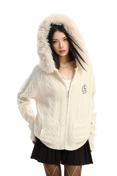Fur Hood Cable Knit Top